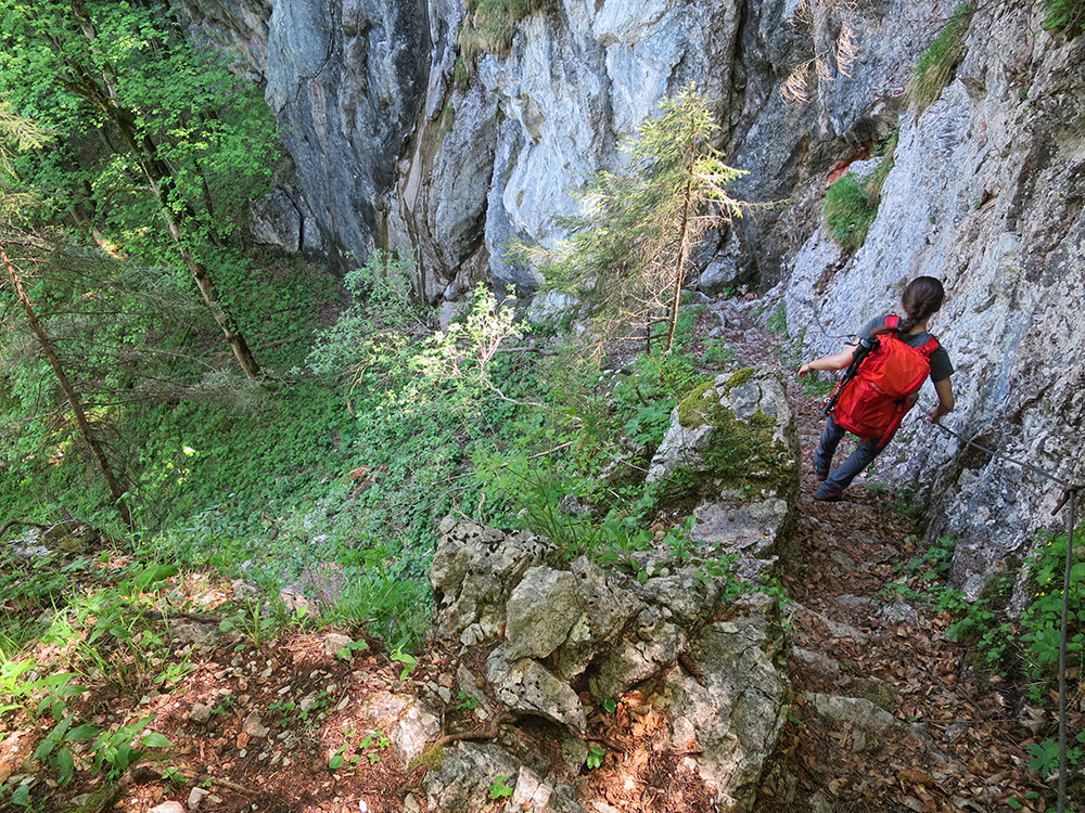 kärlinger056.jpg - Der Einstieg zum Röthsteig. Ein sehr pfiffig angelegter Steig, der sich geschickt durch die Steilwand schlängelt. Teilweise mit gehackten Stufen und Drahtseil.